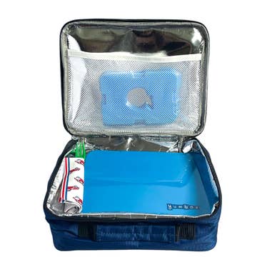 Blue cooler bag with reflective interior lining on a white background