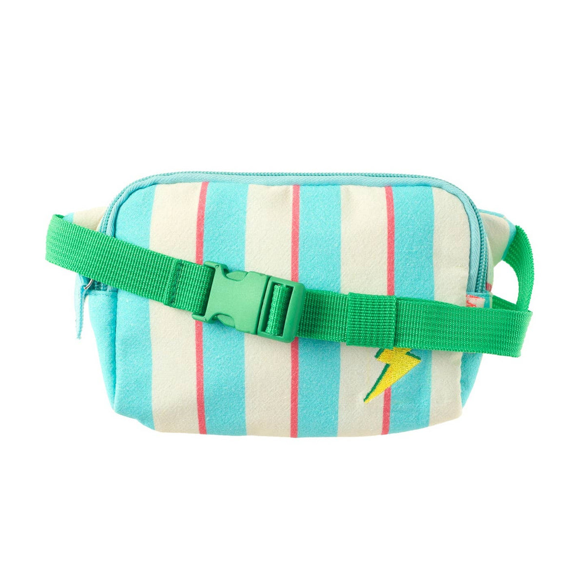 Striped waist bag with green strap and lightning bolt design on a white background