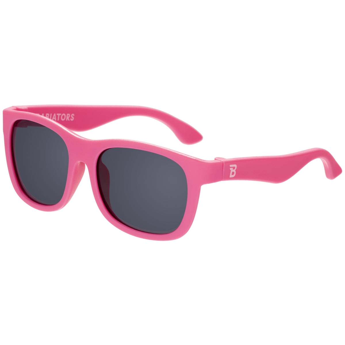Pink sunglasses with dark lenses on a white background
