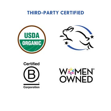 Logos of third-party certifications including USDA Organic, B Corp, and Women Owned on a white background.