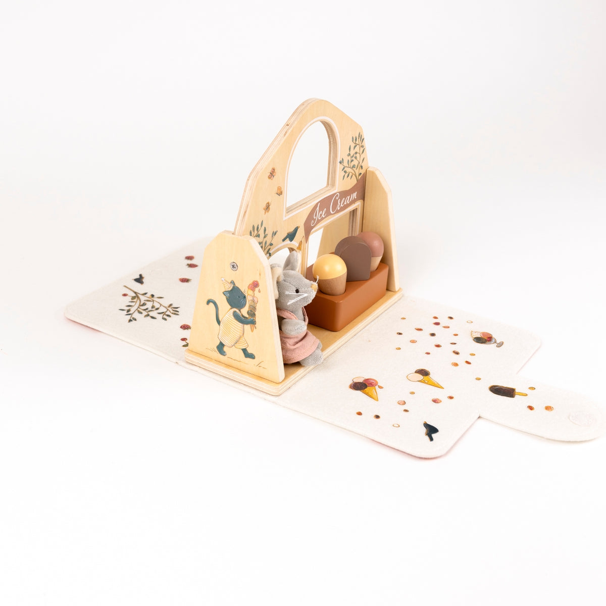 Wooden toy set with a cat and ice cream cone design on a white background