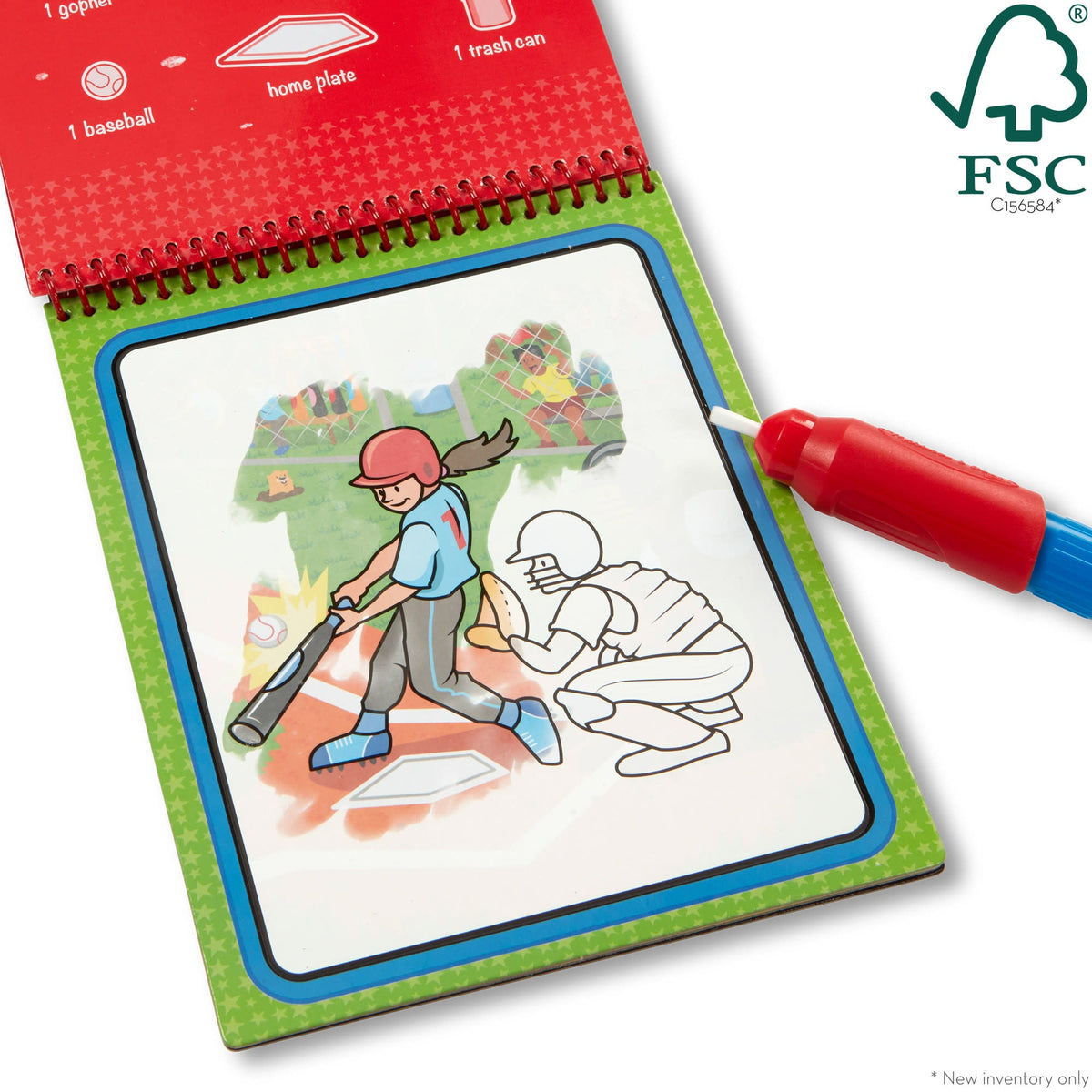 Coloring book with a baseball theme and a red marker, featuring the FSC logo.