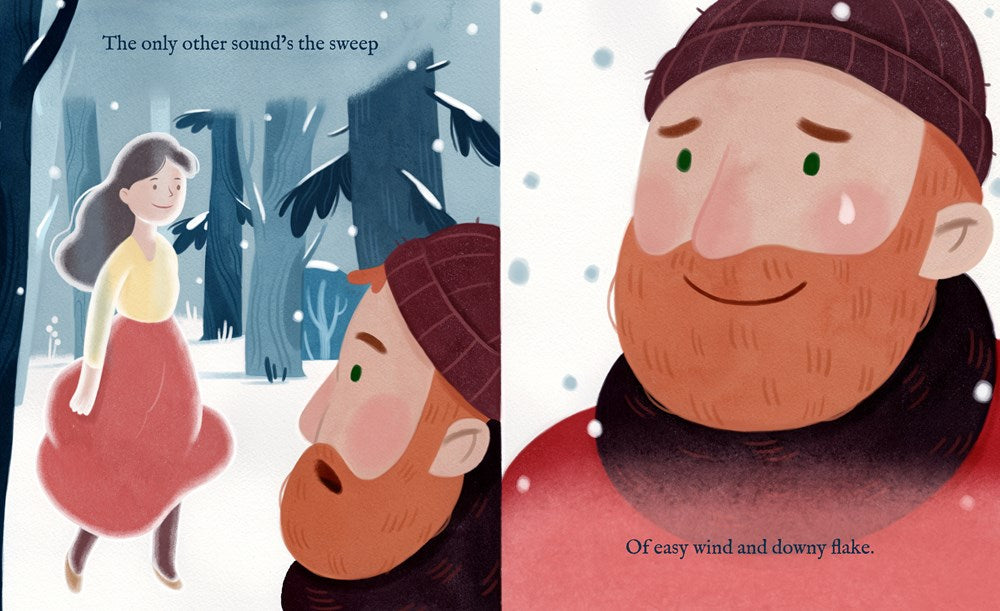 Illustration of a man and woman in a snowy forest with text about easy wind and downy flake.