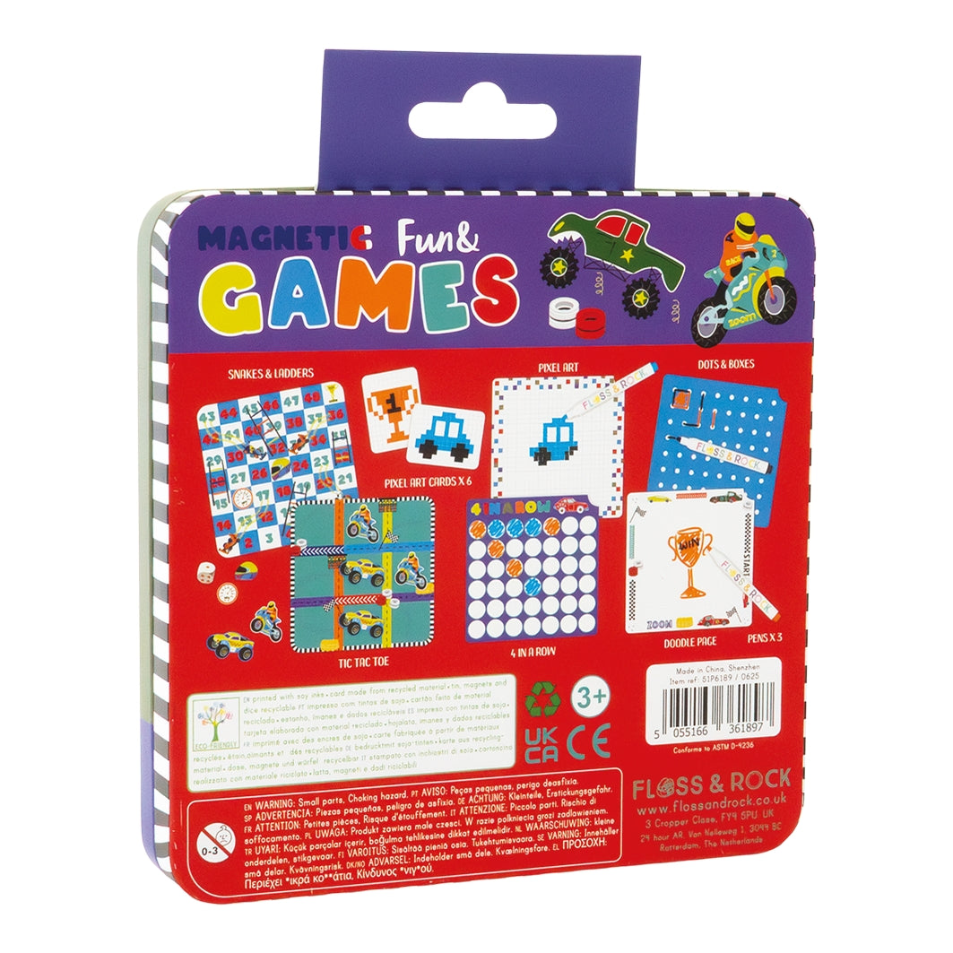 Packaging of magnetic fun games with colorful illustrations on a white background