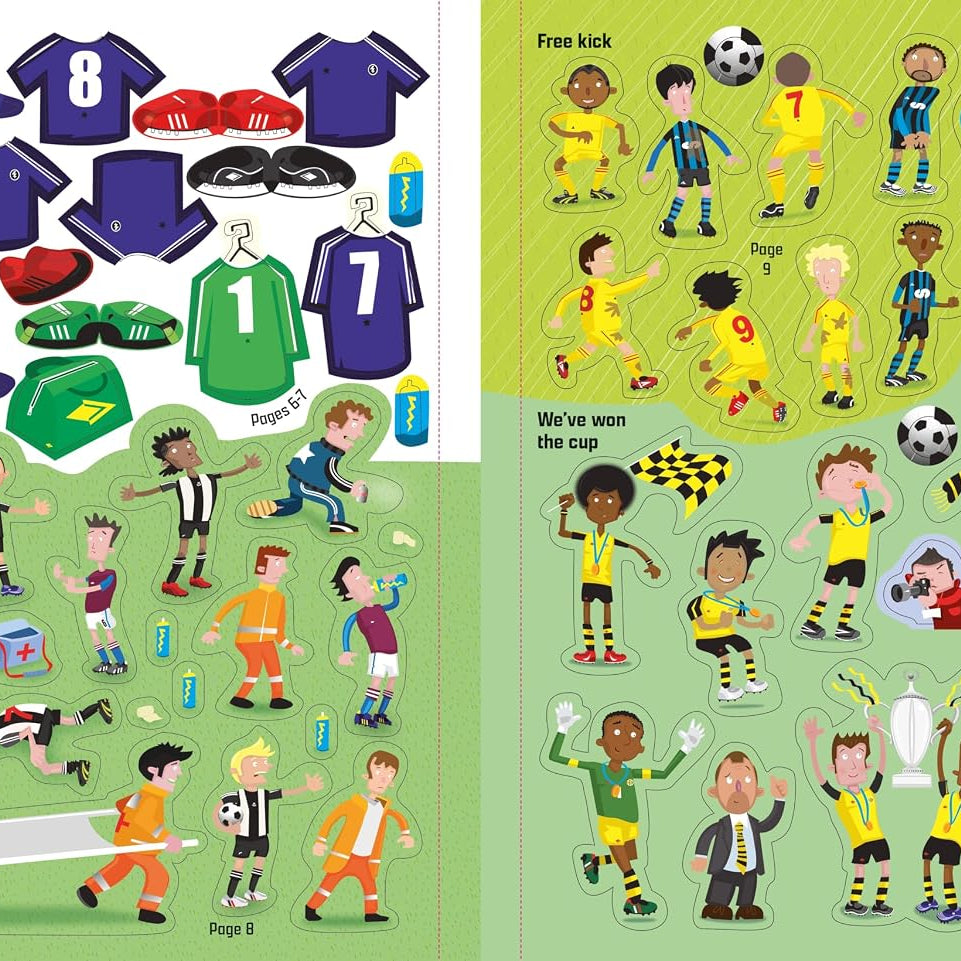 A children's sticker activity sheet featuring soccer-themed illustrations, including various soccer jerseys, players, trophies, and text labels like 'In the locker room' and 'Free kick'. The sheet is split into multiple pages with colorful cartoon graphics on a white and light green background.