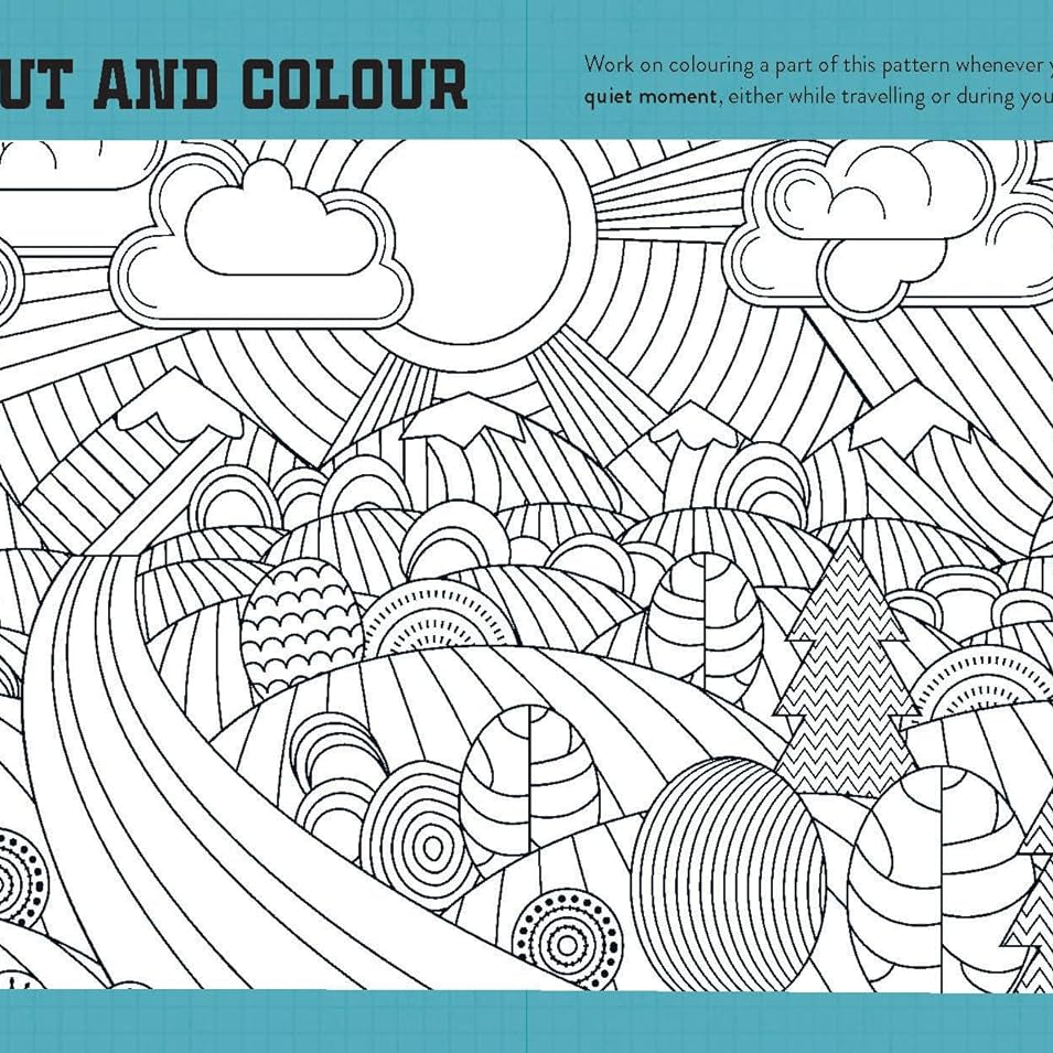 Coloring book page with a landscape design and text 'Chill Out and Colour' on a blue background.