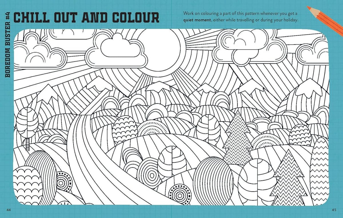 Coloring book page with a landscape design and text 'Chill Out and Colour' on a blue background.