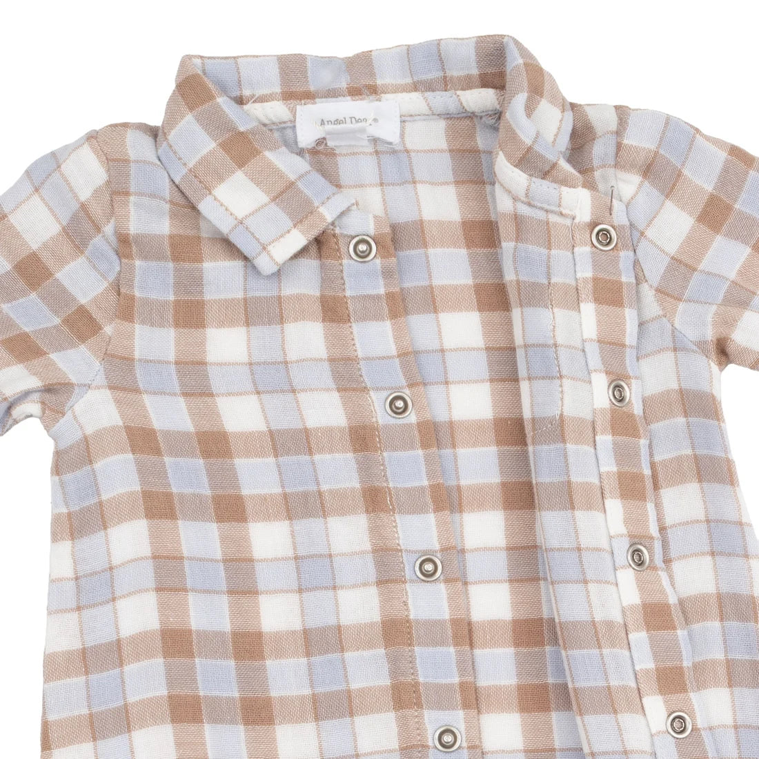 A close-up of a short-sleeve baby shirt by Toddler Dave, featuring a brown, white, and light blue gingham plaid pattern with a button-down front.