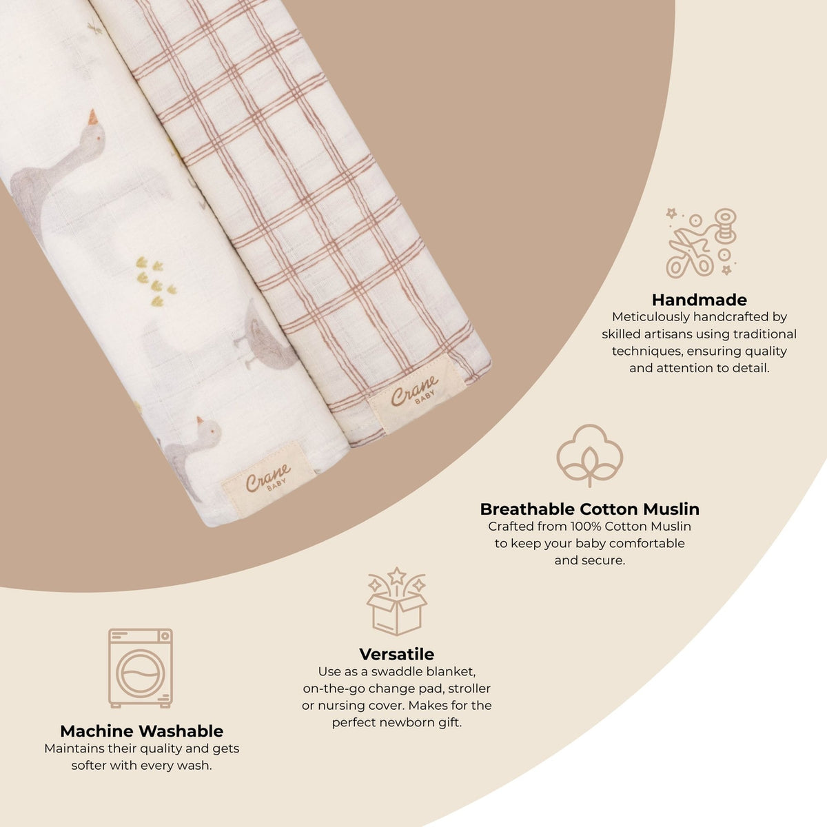 Three folded muslin baby blankets with a warm brown plaid pattern and soft pastel illustrations are displayed on a beige background with descriptive text and icons highlighting their features.