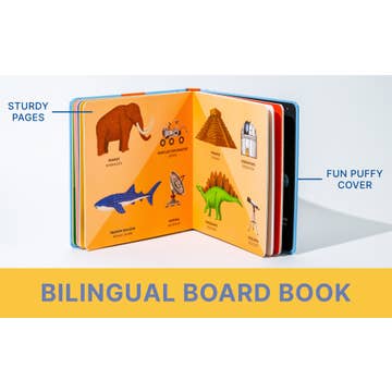 Bilingual board book with illustrations of animals and objects on open pages.