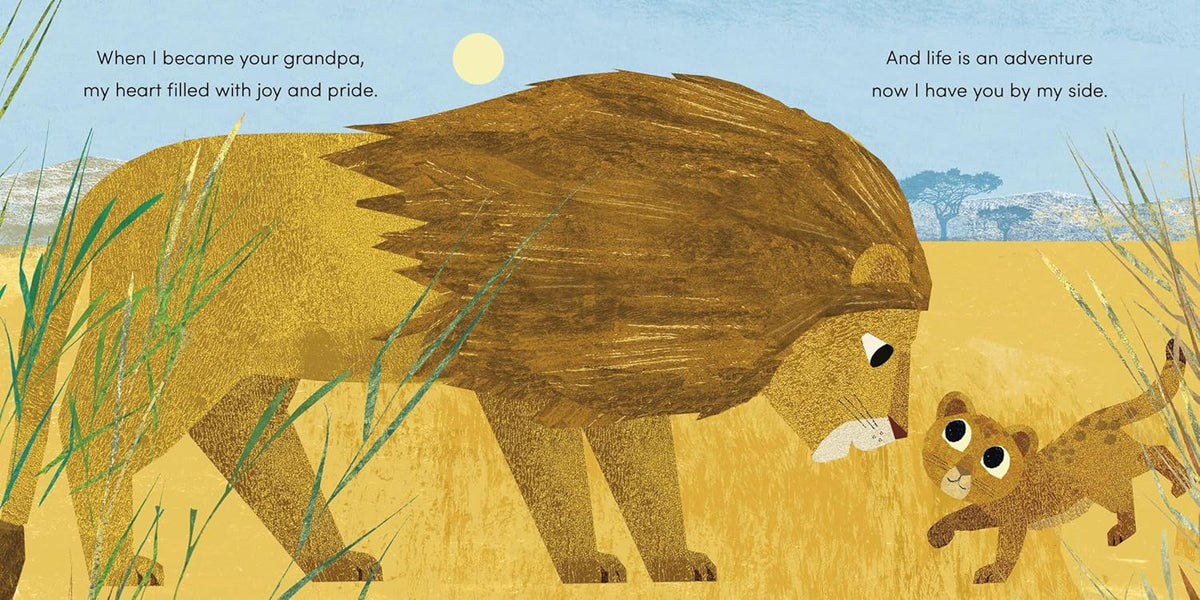Illustration of a lion and a cub walking together with text about becoming a grandpa.