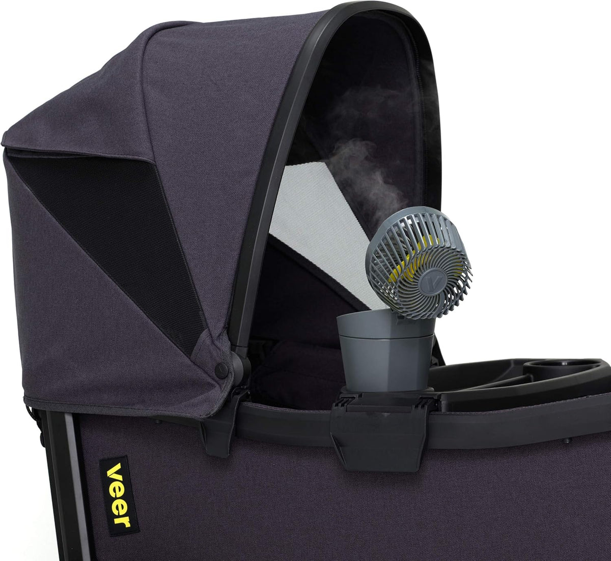 Black stroller with a built-in fan and 'veer' branding on a white background