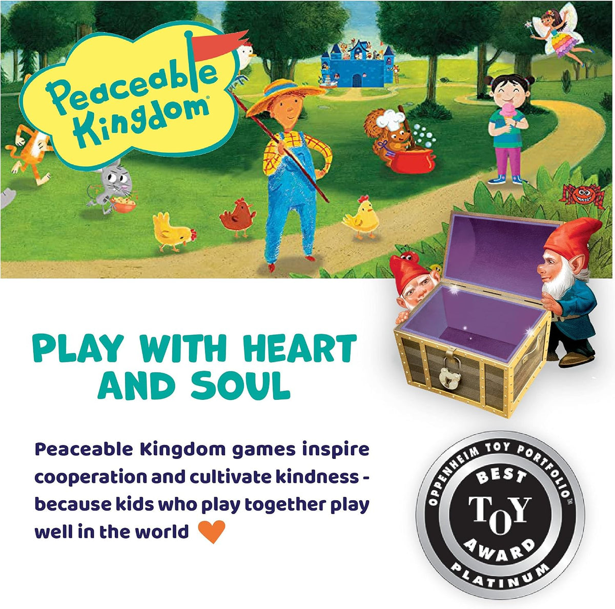 Advertisement for Peaceable Kingdom toys with characters and a treasure chest on a grassy field.