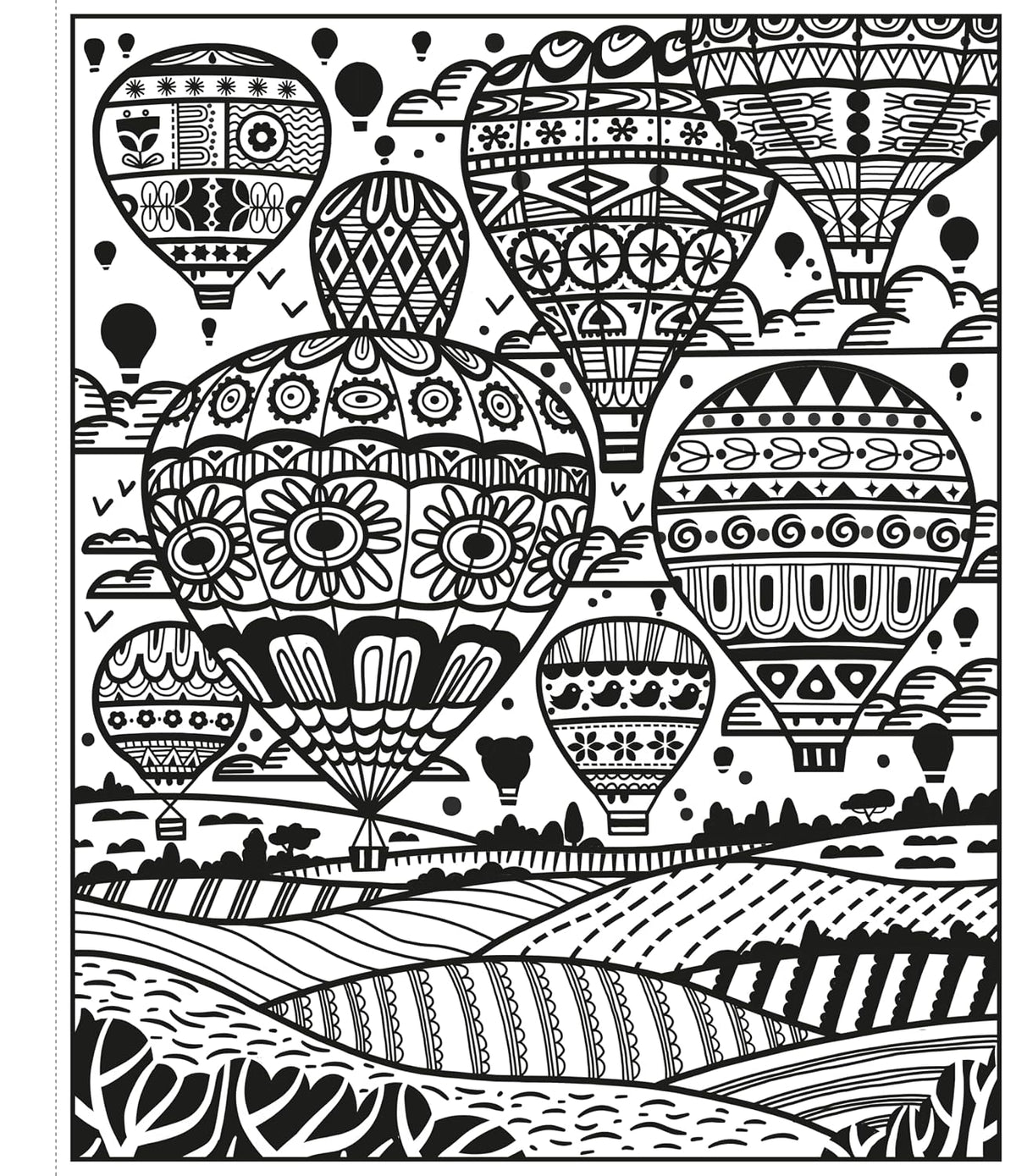 Black and white line art illustration of multiple patterned hot air balloons floating over stylized fields and trees, suitable as a coloring page or art print.