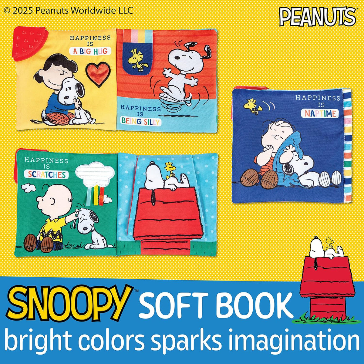 Collection of Snoopy-themed soft books on a yellow background with Peanuts branding.