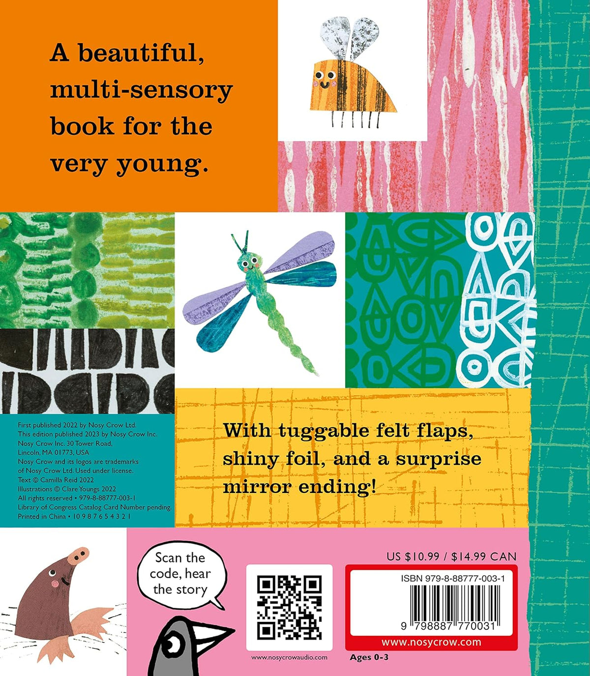 The back cover of a children's book titled 'A beautiful, multi-sensory book for the very young.' The cover features a colorful patchwork design with orange, pink, green, yellow, and teal sections, illustrated with a bee, dragonfly, and a bird.