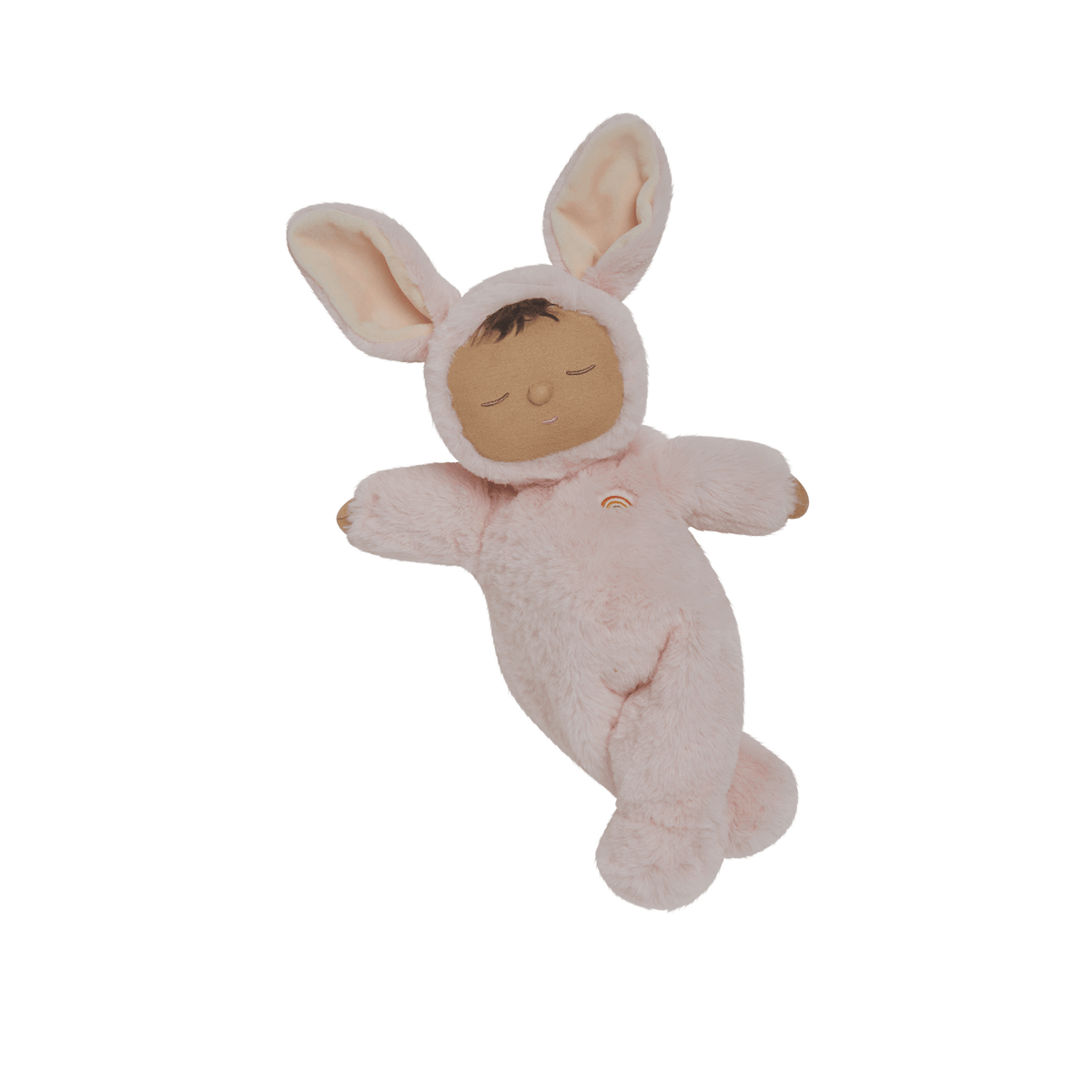 Plush toy baby in a bunny costume on a black background