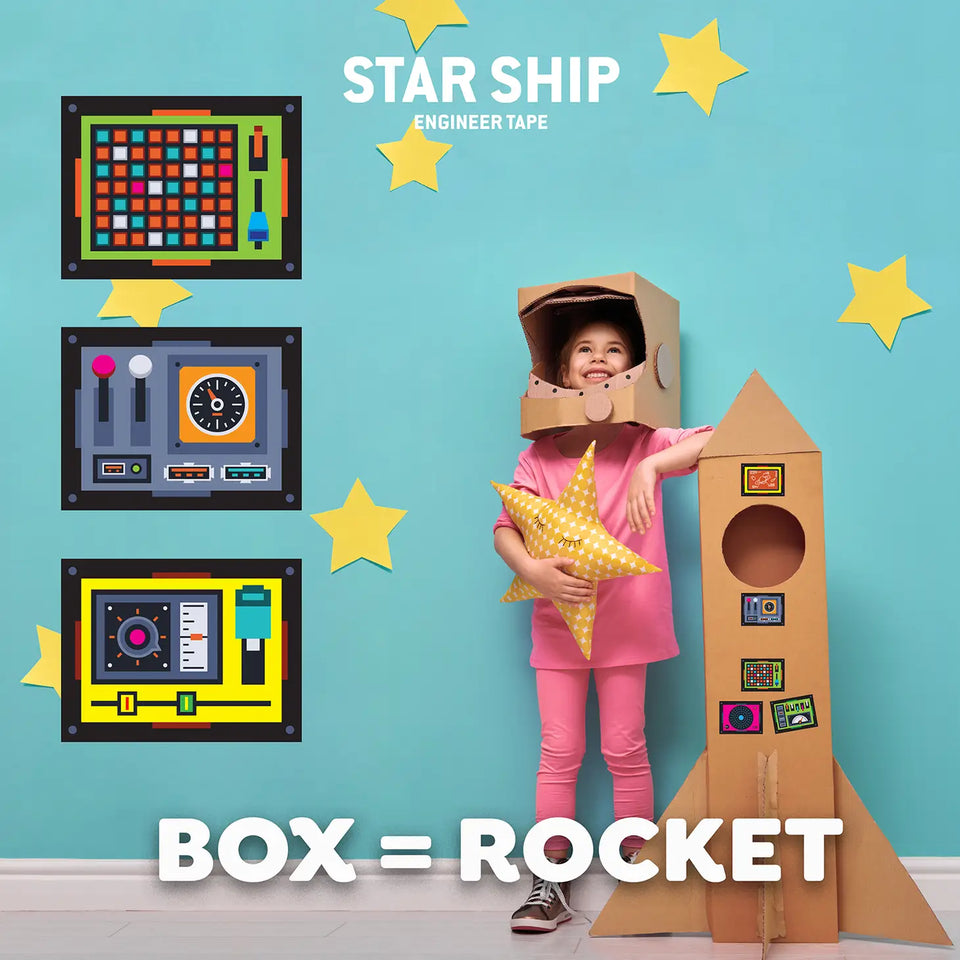 Child in a cardboard astronaut costume with a rocket and space-themed decorations on a blue wall.