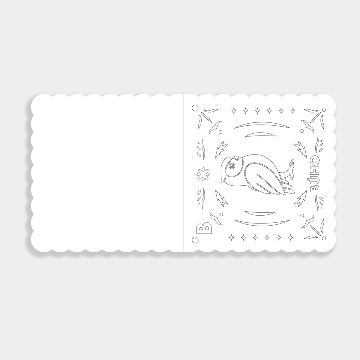Decorative white card with a toucan illustration on a light gray background