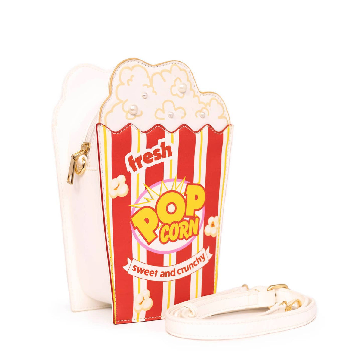 Popcorn-themed handbag with red and yellow design on a white background