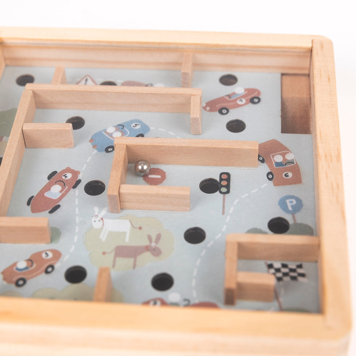Wooden toy maze with cars and traffic lights on a transparent background