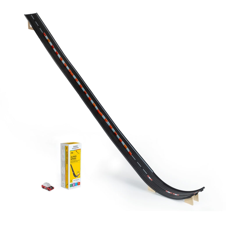 Black toy race track with a small car and yellow box on a white background