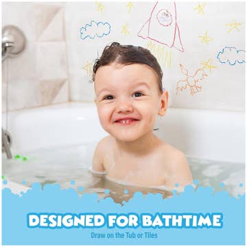 Child in a bathtub with bubble bath, surrounded by colorful drawings on the tub.
