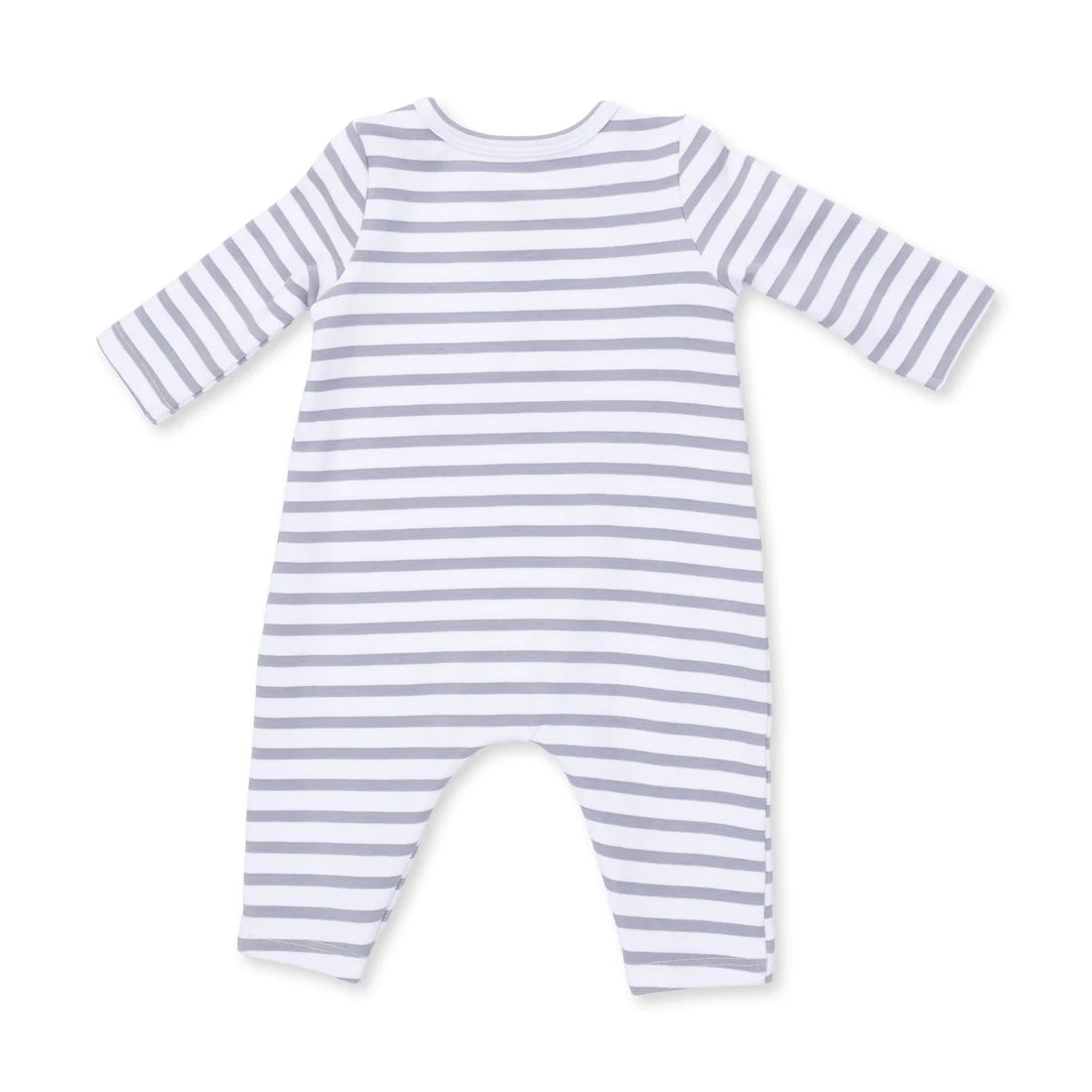 A long-sleeve baby romper with horizontal light gray and white stripes, shown flat against a plain white background.