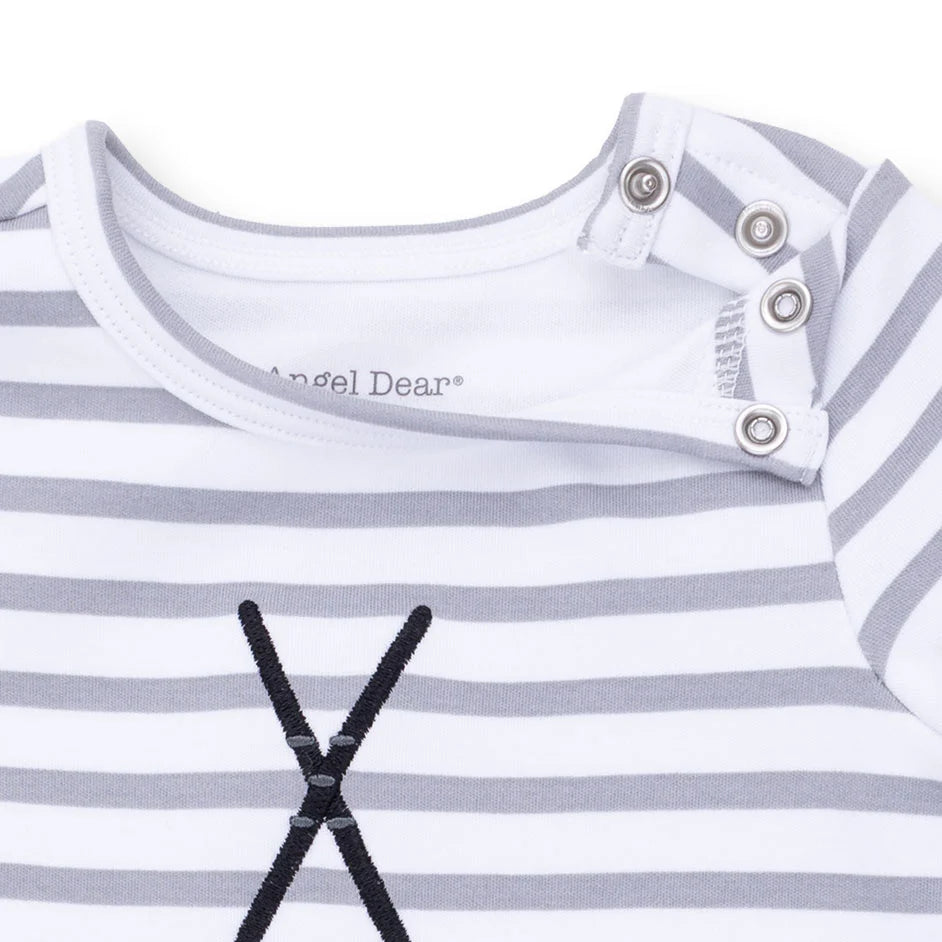 Close-up of a baby outfit with striped pattern and 'Angel Dear' branding.