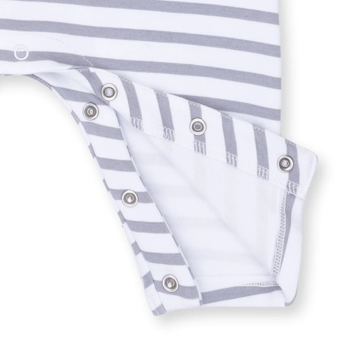 Gray and white striped baby romper on a white background