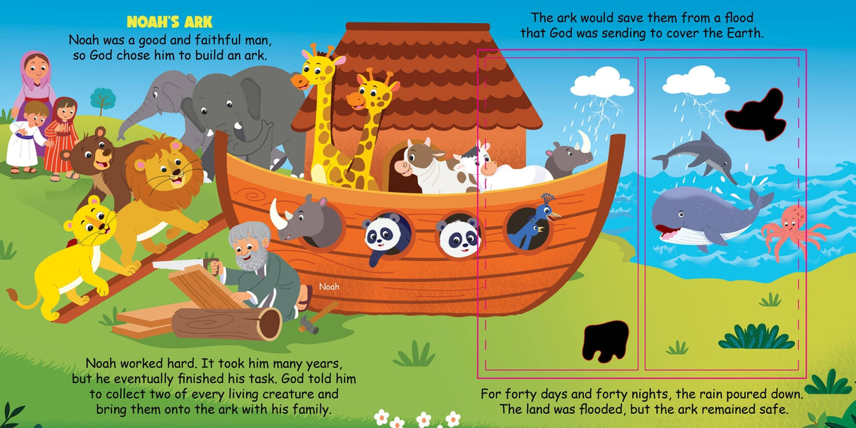 Illustrated children's book page about Noah's Ark with animals on the ark and in the water.