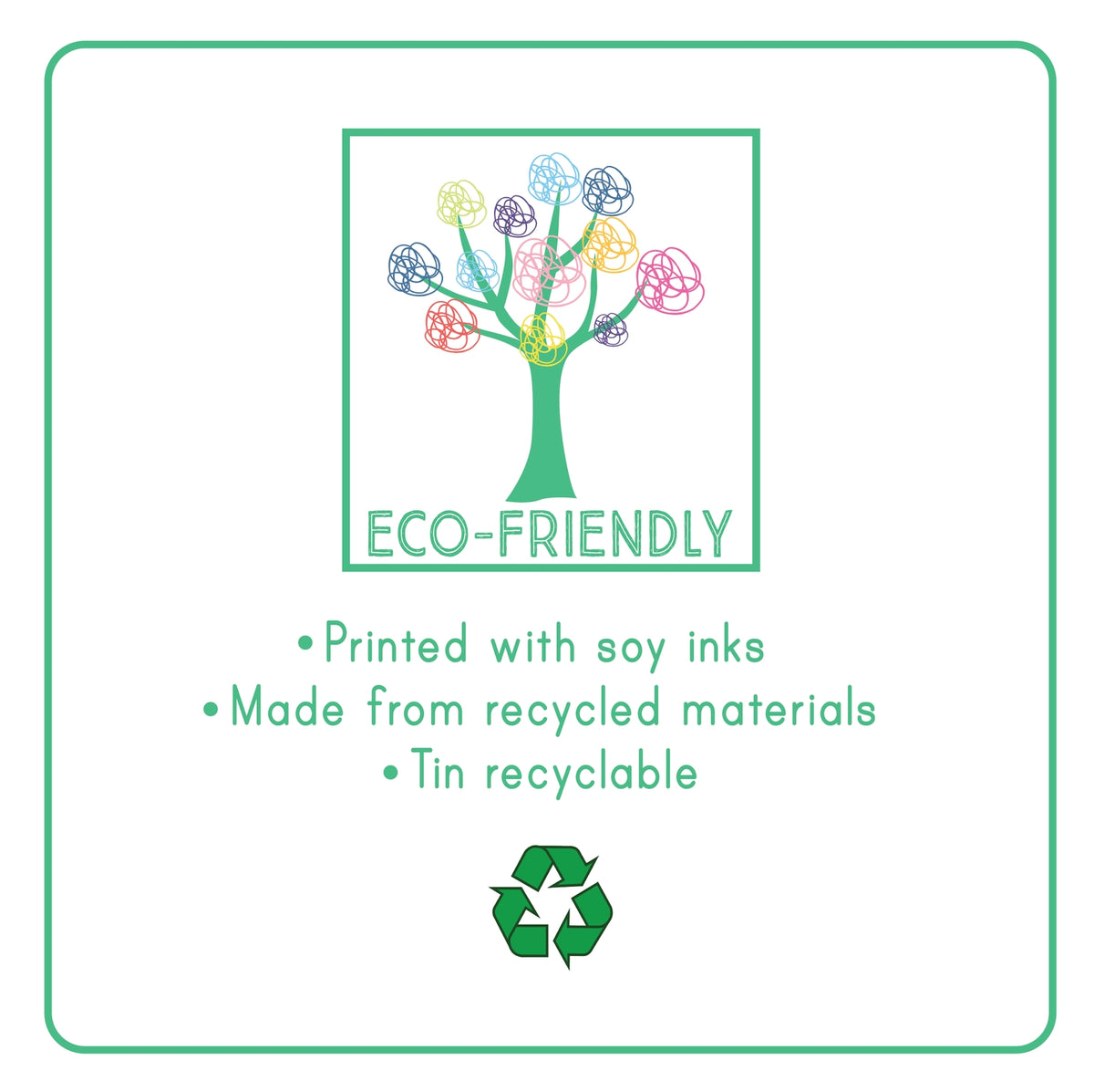 Eco-friendly product label with a tree graphic, recycling symbol, and text about ink and material usage.