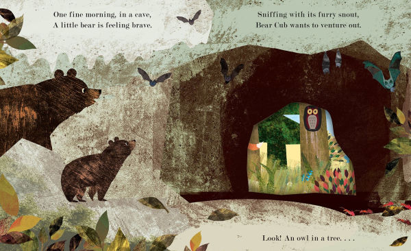 Illustration of bears and an owl in a cave scene from a children's book