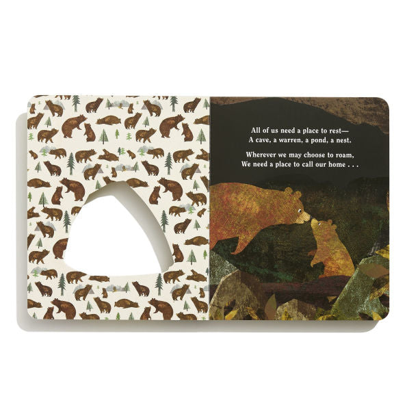 Card with bear pattern on one side and bears in a forest scene on the other, featuring a quote.