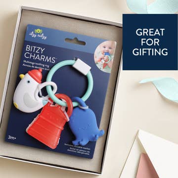 Baby teething ring set with colorful animals on packaging, displayed in a box.