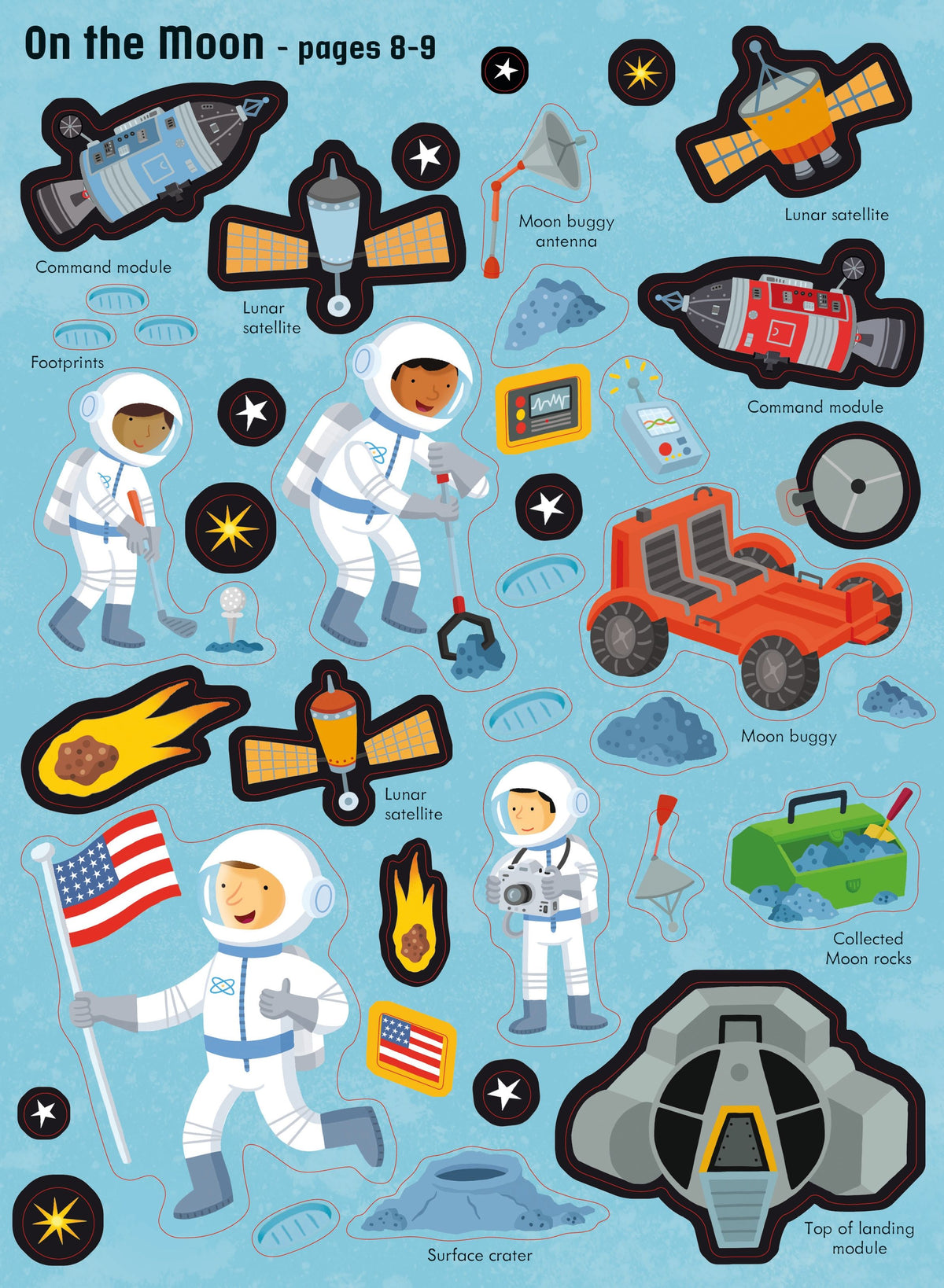 A children's educational sticker or decal sheet titled 'On the Moon - pages 8-9' on a light blue background. The sheet features cartoon astronauts, lunar vehicles, moon rocks, stars, and labels pointing to moon components such as the lunar module, moon buggy, and lunar satellite.