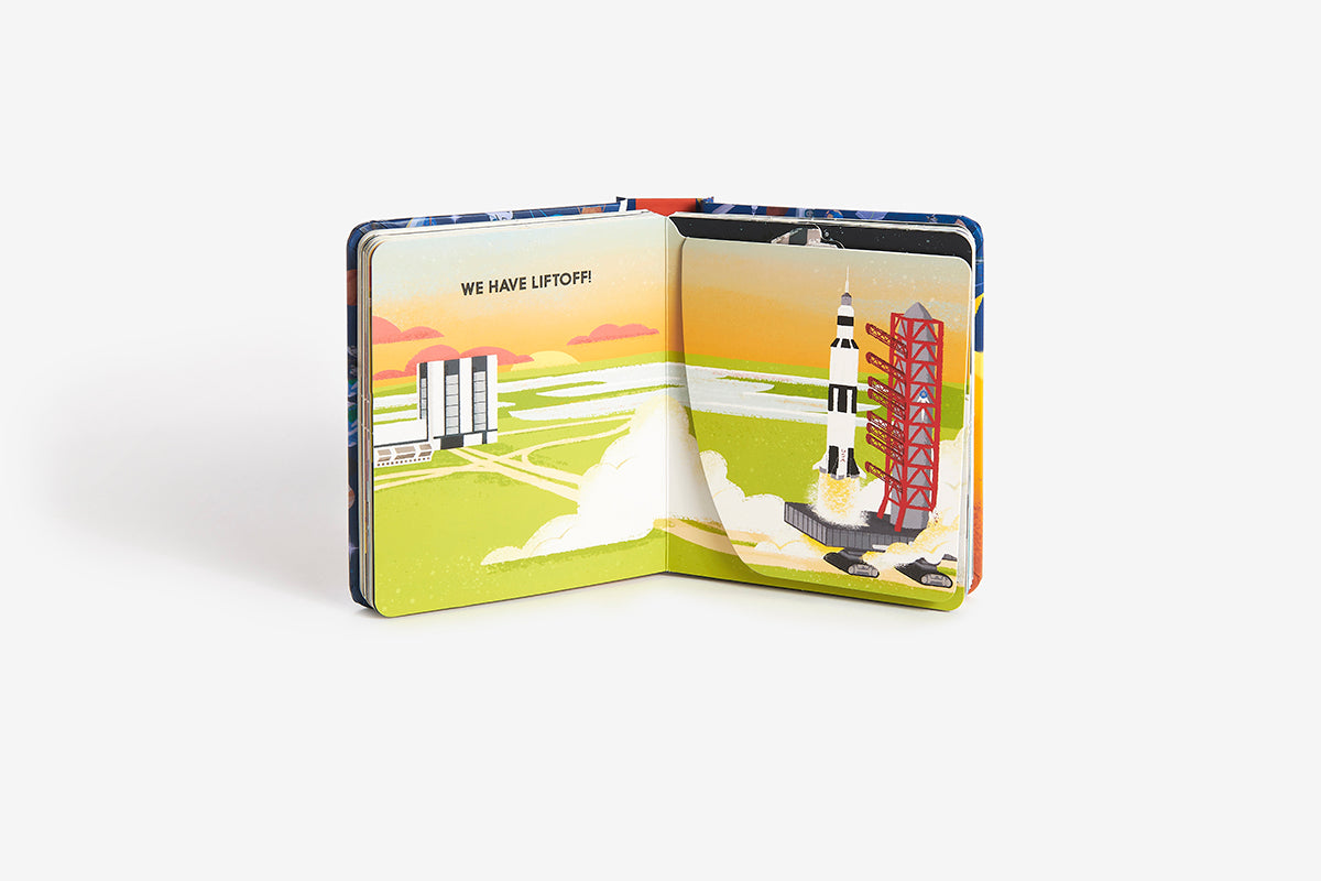 Children's book with illustrations of a rocket launch on a white background