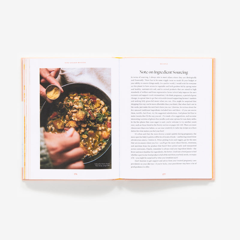 Open book showing a page with a photograph of a dish and text on a white background