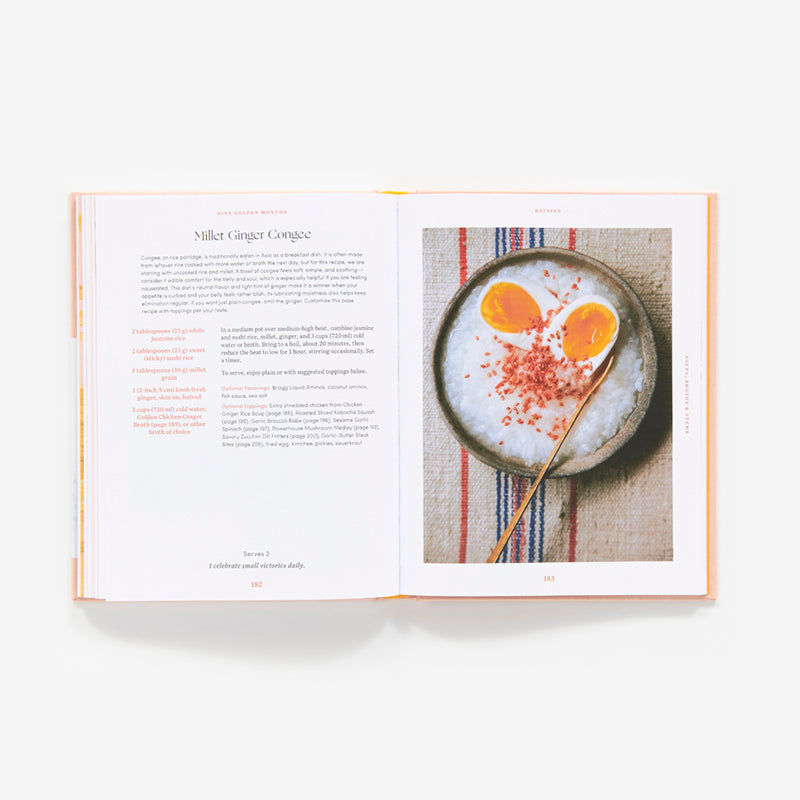Open cookbook showing a page with a recipe and an image of a dish.