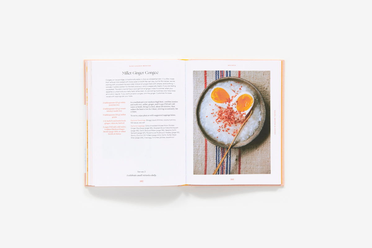 Open cookbook showing a page with a recipe and an image of a dish.