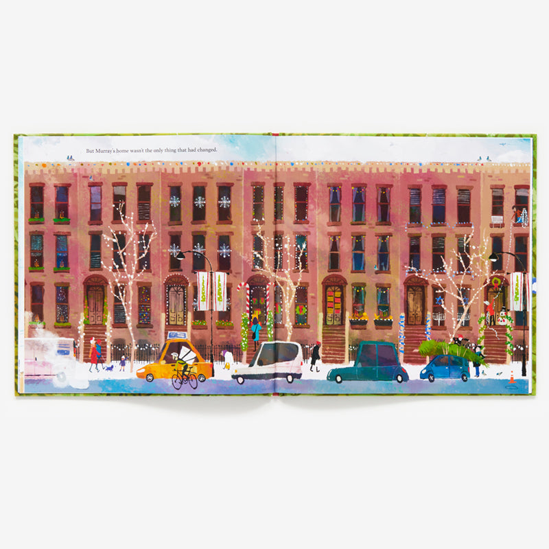 Illustration of a street scene with buildings and vehicles on a white background