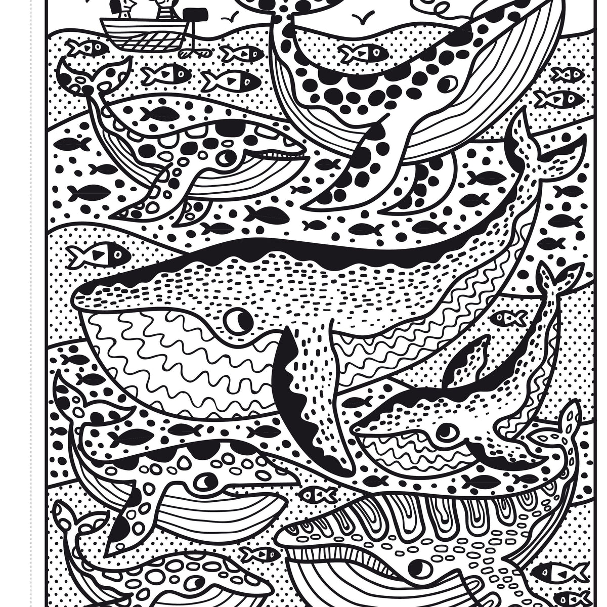 Black and white illustration of whales and fish on a coloring page.