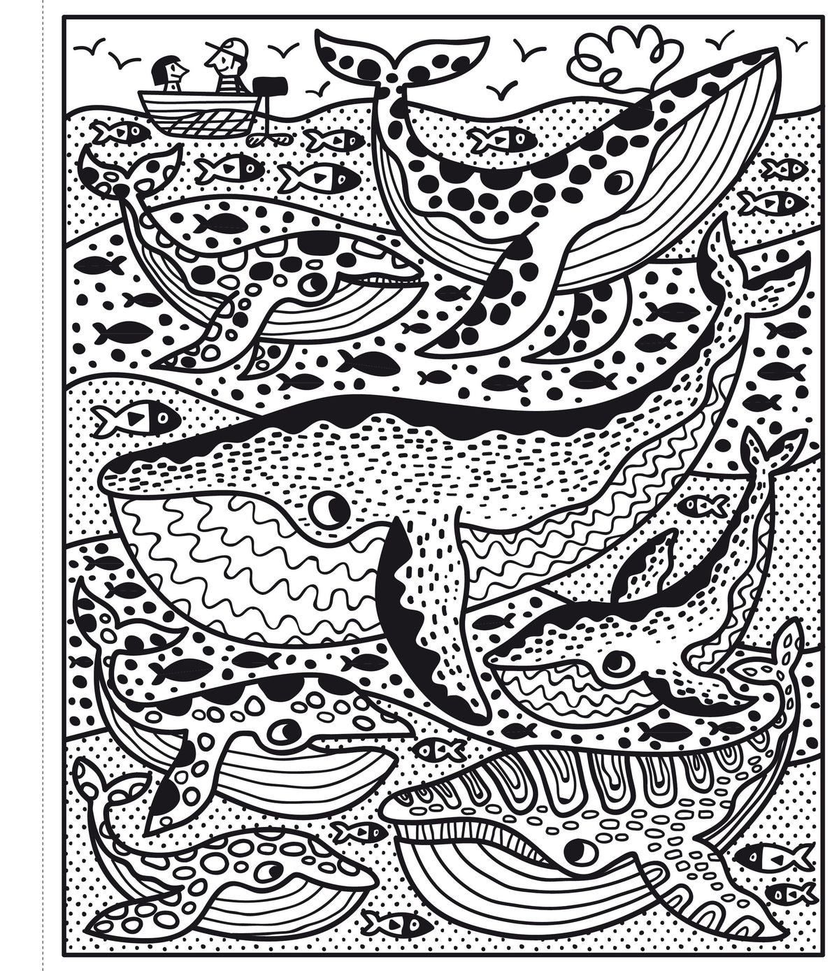 Black and white illustration of whales and fish on a coloring page.