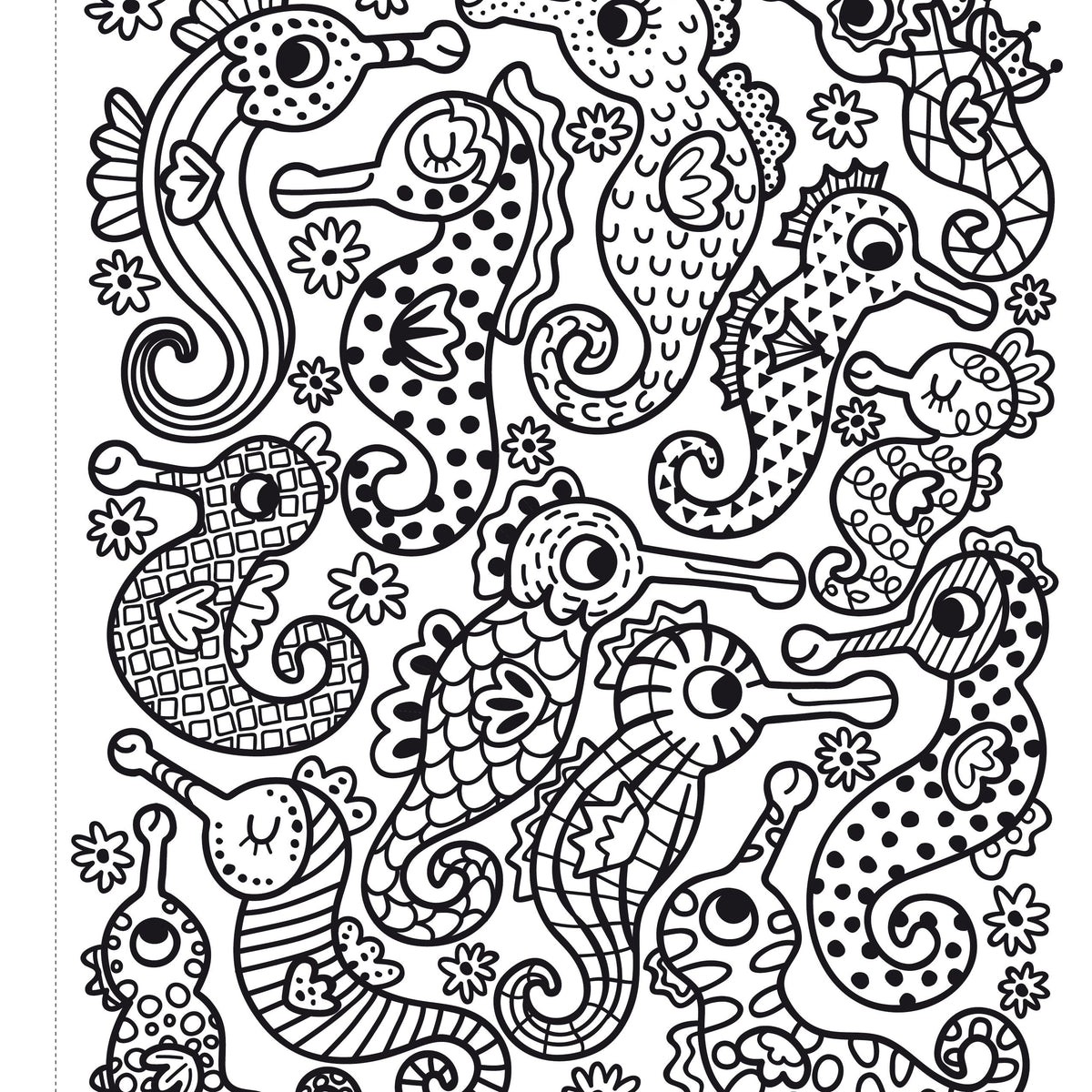 Coloring page with intricate seahorse designs on a white background