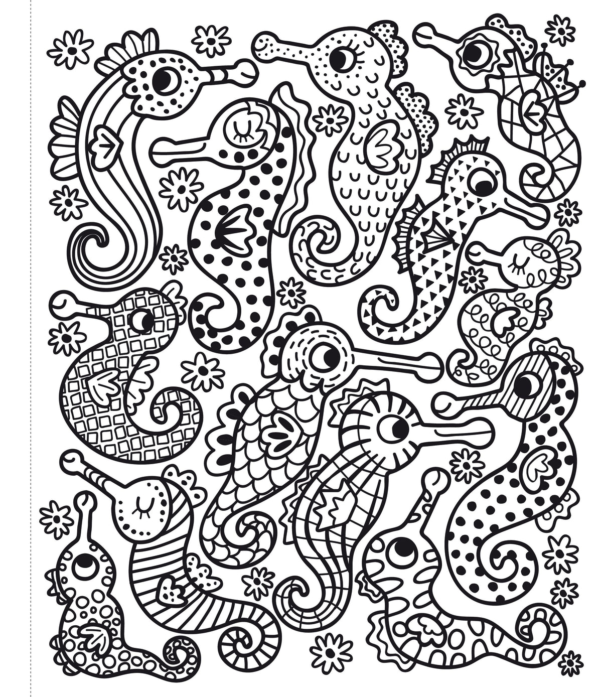 Coloring page with intricate seahorse designs on a white background