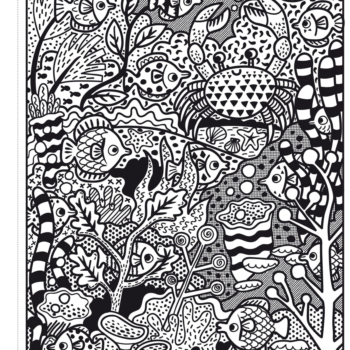 Black and white intricate pattern of sea creatures and plants