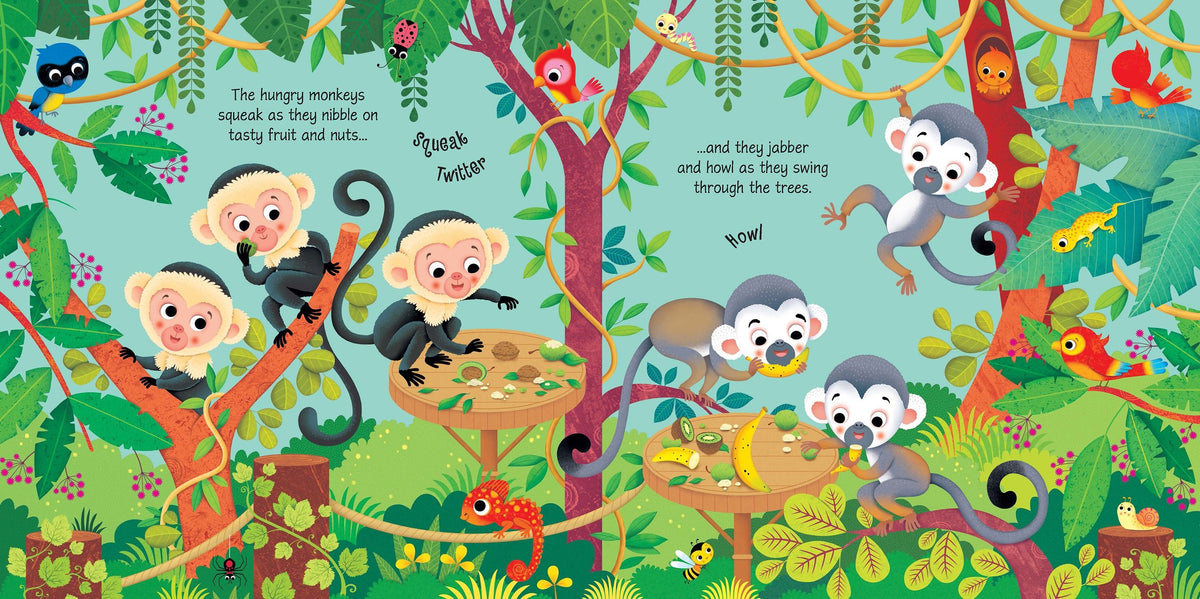 Children's book page with cartoon characters in a forest setting