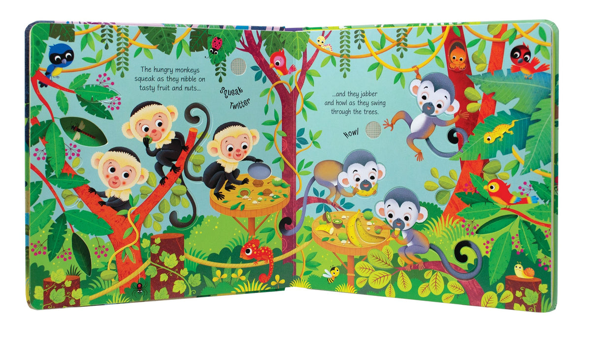 Open children's book with colorful monkey illustrations on a white background
