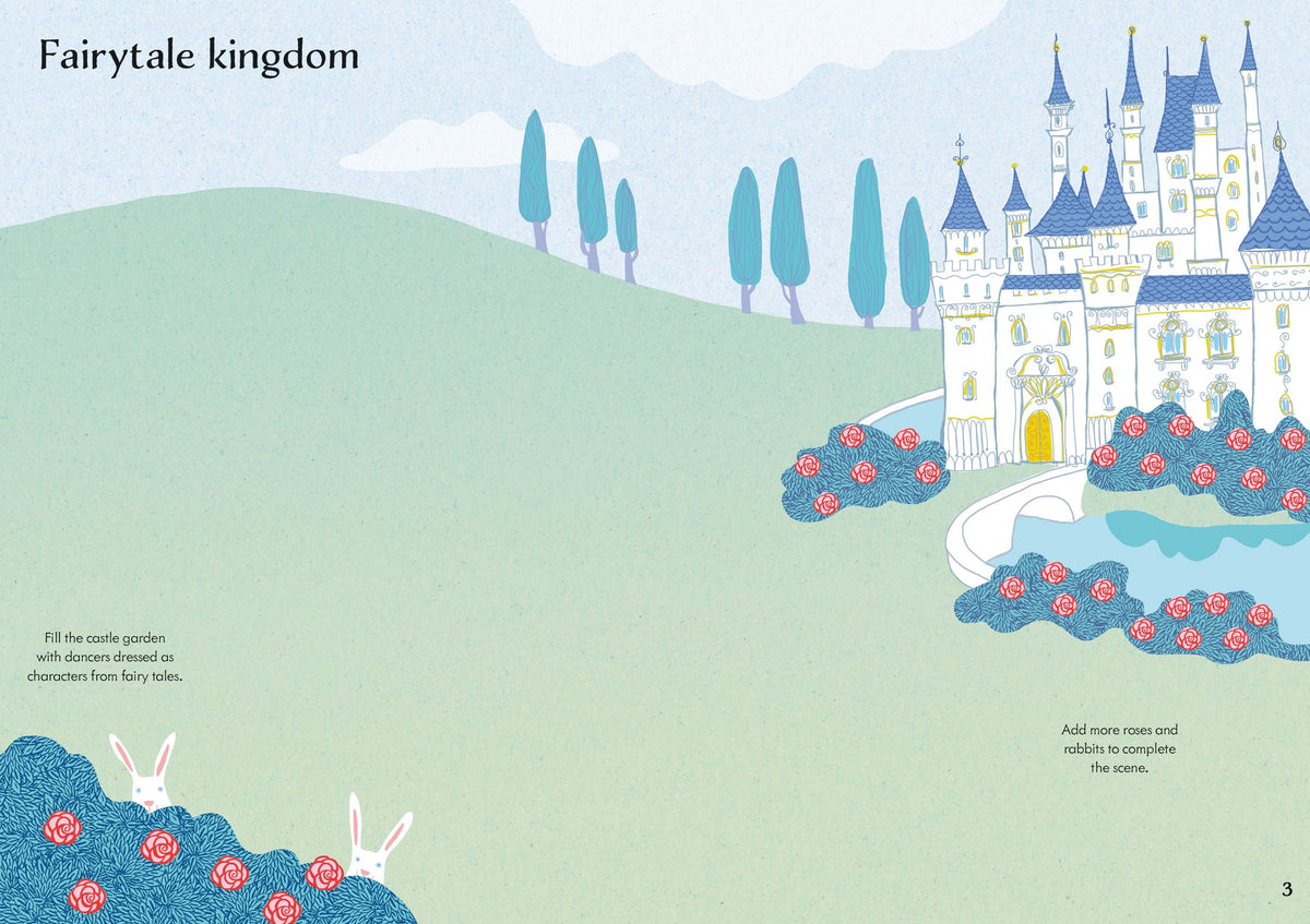 A whimsical illustrated page titled 'Fairytale kingdom' showing a pastel landscape with a white castle, blue roofs, blue trees, pink flowers, rabbits, and small text instructions.