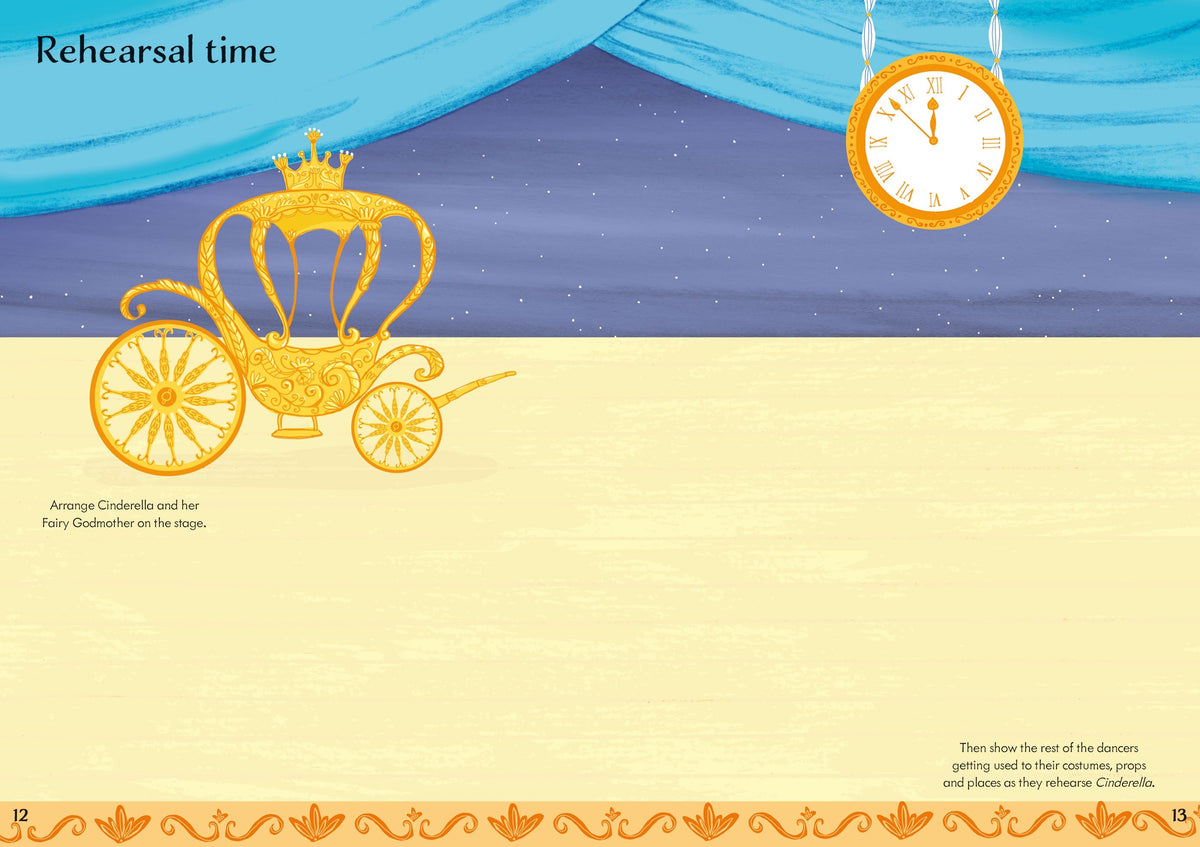 Illustration of a yellow carriage and clock against a blue and purple background with text about Cinderella.